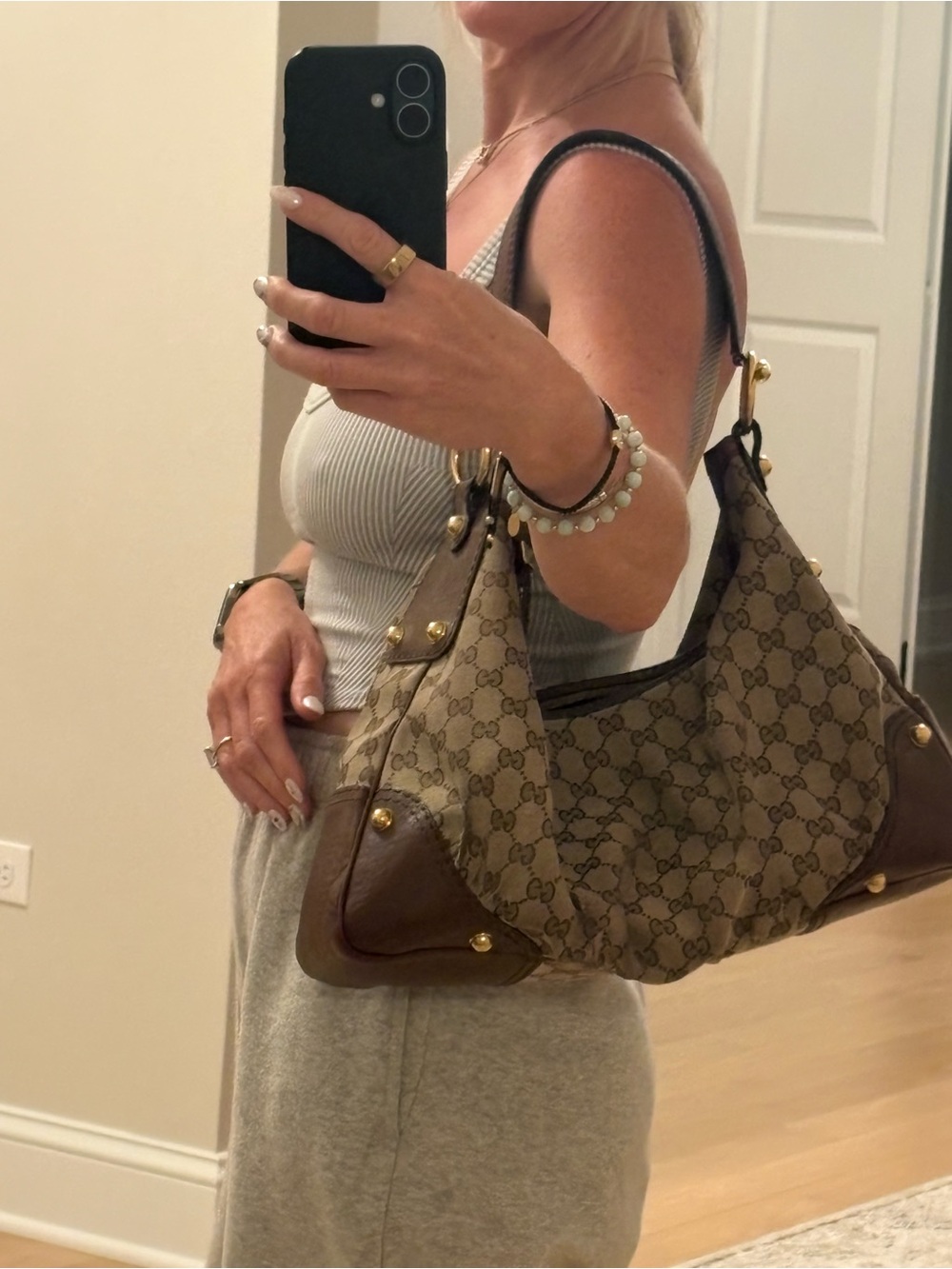 Gucci Beige and Brown GG Monogram Shoulder Bag with Gold Hardware - Picture 13 of 14